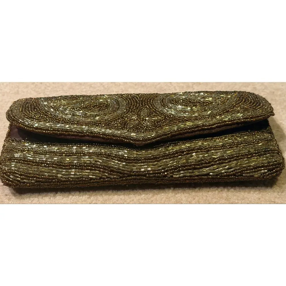 Vintage Beaded Clutch Purse Gold Bronze Paisley Evening Bag Flap Magnetic Snap